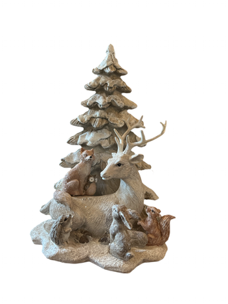 First Frost painted resin Stag and friends with tree table piece, lightly glittered 7.75 in  3 -2024